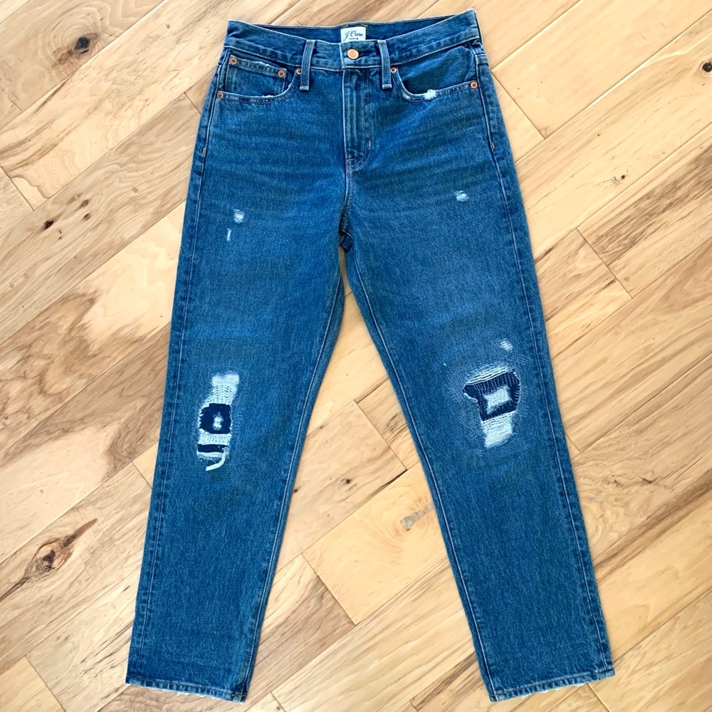 J. Crew Jeans Straight Leg Slouchy Boyjean Patchwork Distressed Mid Rise Size 24